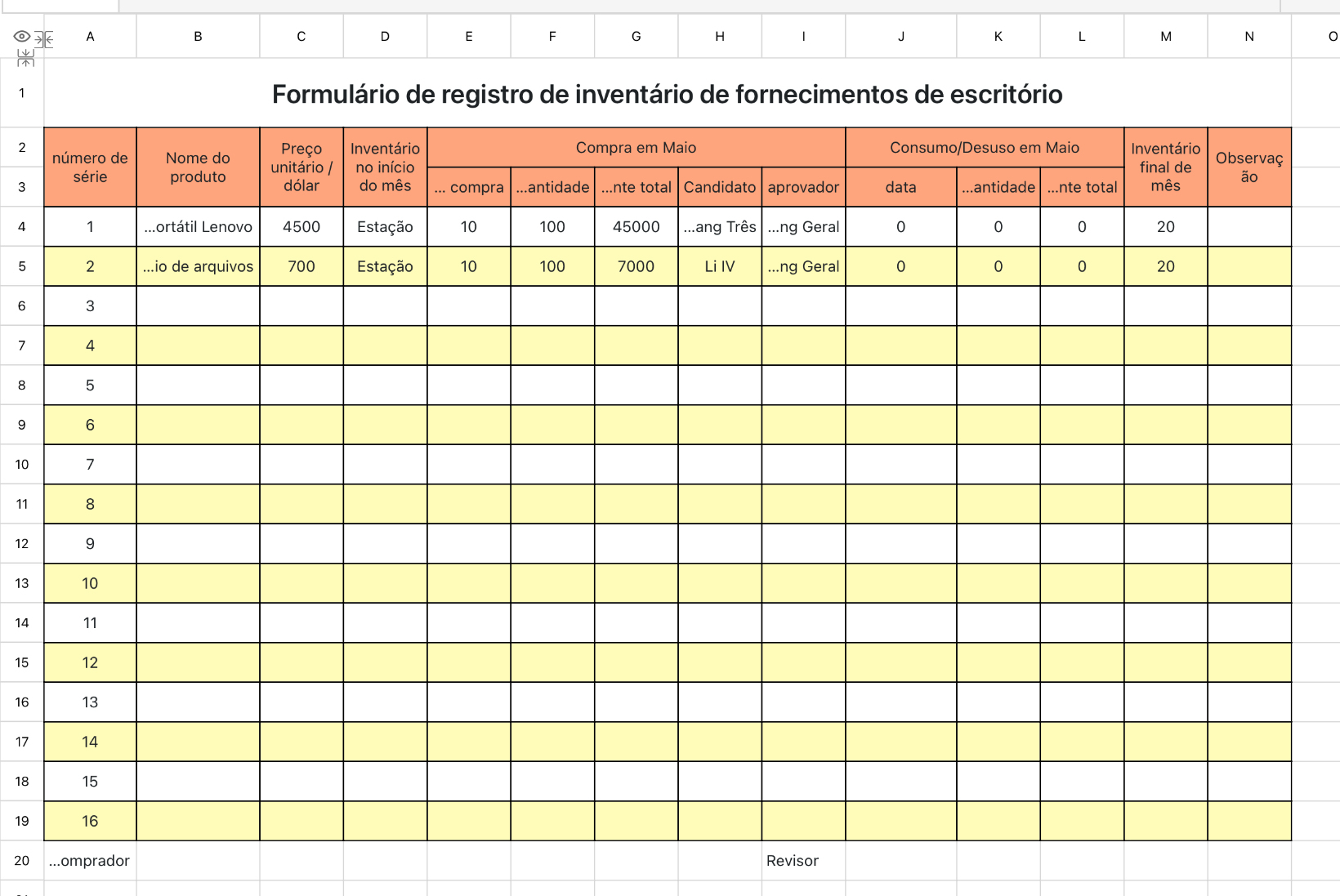 Formulário de registro de inventário de fornecimentos de escritório